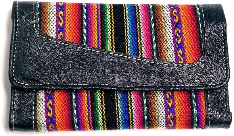 Mia Jewel Shop Multicolored Tribal Print Striped Pattern Leather Trifold Wallet ID Window Card Slots - Womens Fashion Handmade Bags Boho Travel Accessories (Black)