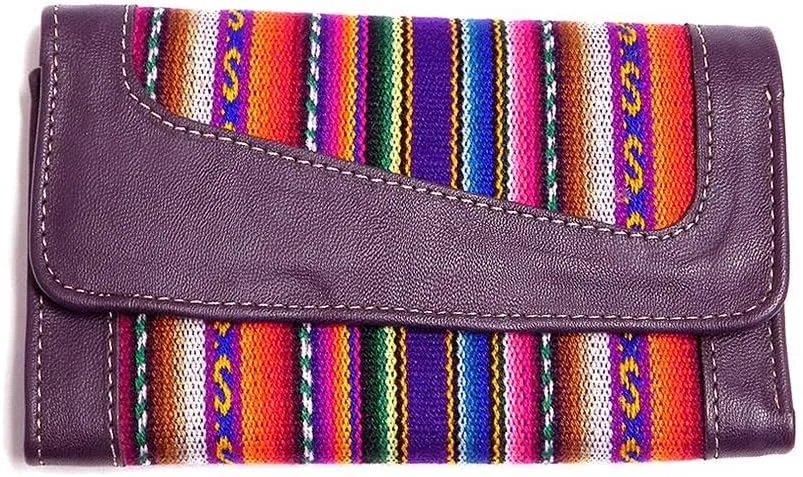 Mia Jewel Shop Multicolored Tribal Striped Print Leather Trifold Wallet ID Window Card Slots - Womens Fashion Handmade Bags Boho Travel Accessories (Dark Purple)