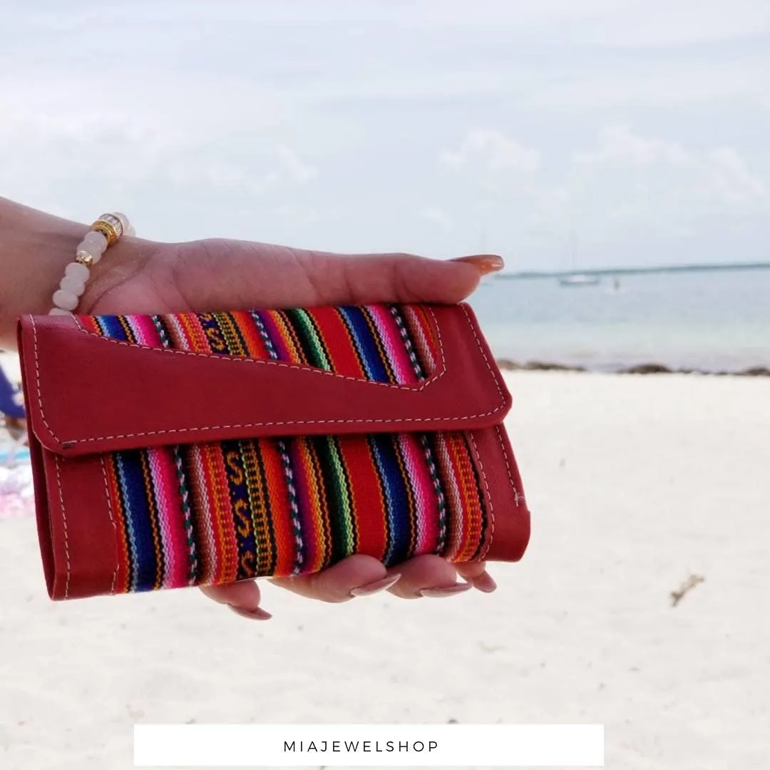 Mia Jewel Shop Multicolored Tribal Striped Print Leather Trifold Wallet ID Window Card Slots - Womens Fashion Handmade Bags Boho Travel Accessories (Red)