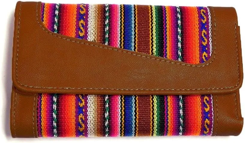 Mia Jewel Shop Multicolored Tribal Striped Print Leather Trifold Wallet ID Window Card Slots - Womens Fashion Handmade Bags Boho Travel Accessories (Tan)