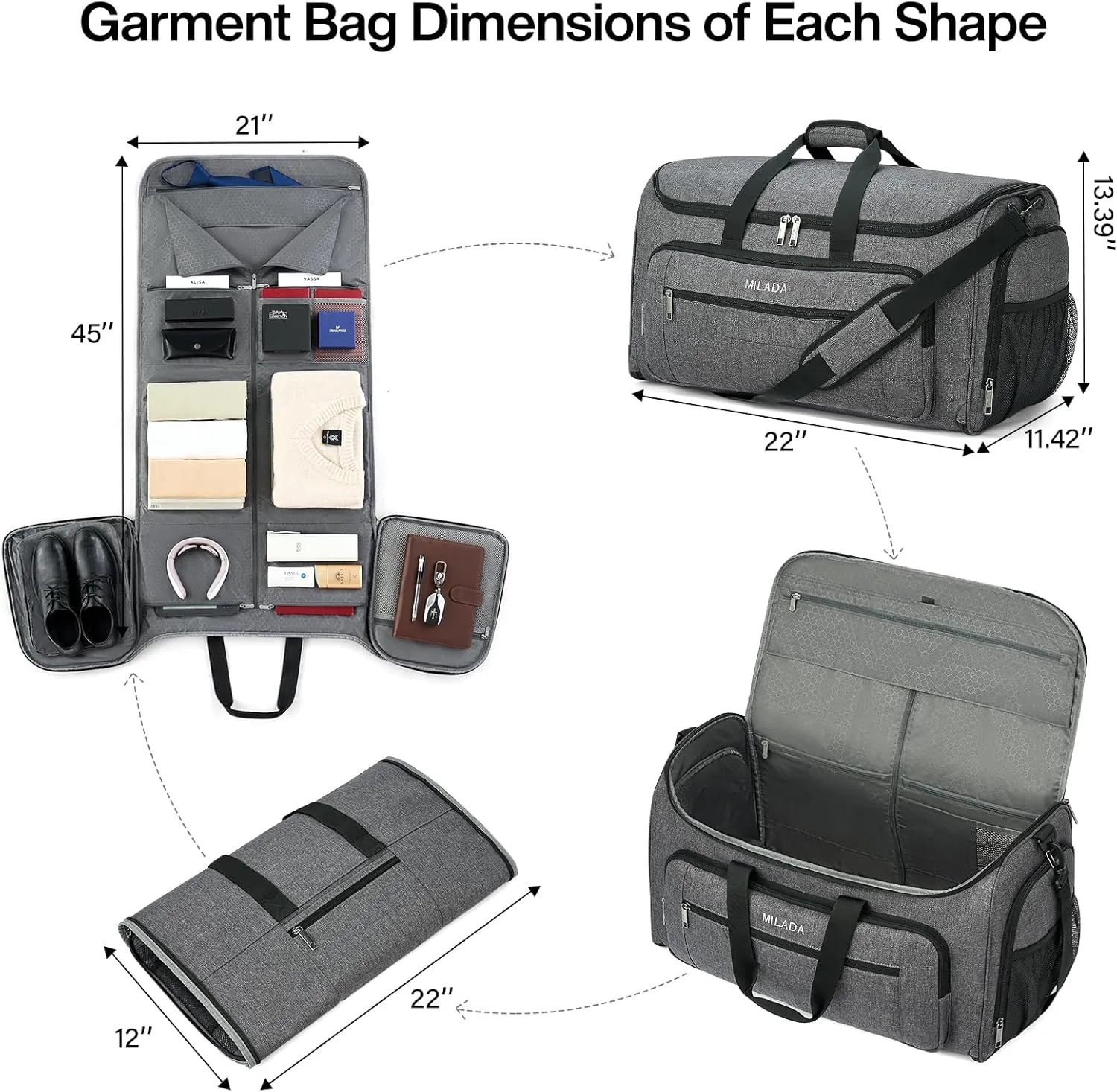 MILADA Garment Bag for Travel Suit Bag Travel Large Duffel Bag 2 in 1 Hanging Carry on Luggage Bag Foldable Travel Bag with Shoe Pouch for Men Women,Dark Grey