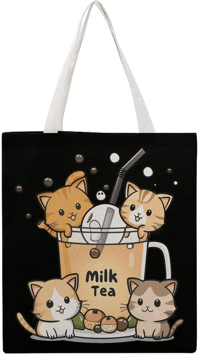 Milk Tea Pearls Cat Love Canvas Tote Bags Portable Shopping Grocery Bag Shoulder Handbag with Handles