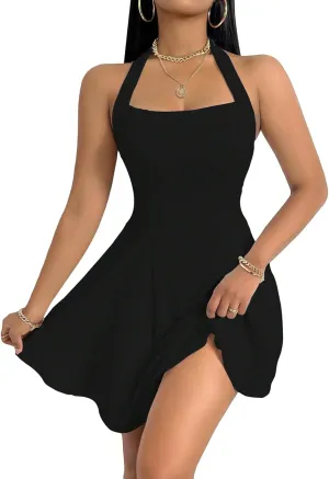 Milumia Women's Halter Mini Dress Backless A Line Flare Party Club Short Dresses