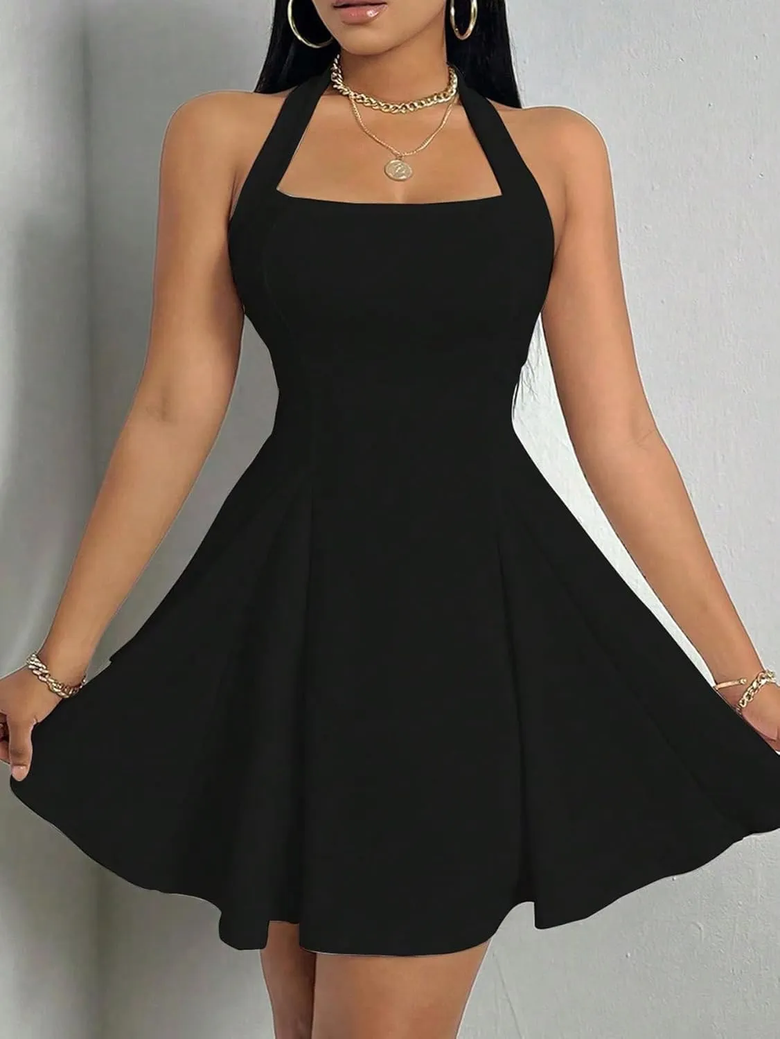 Milumia Women's Halter Mini Dress Backless A Line Flare Party Club Short Dresses
