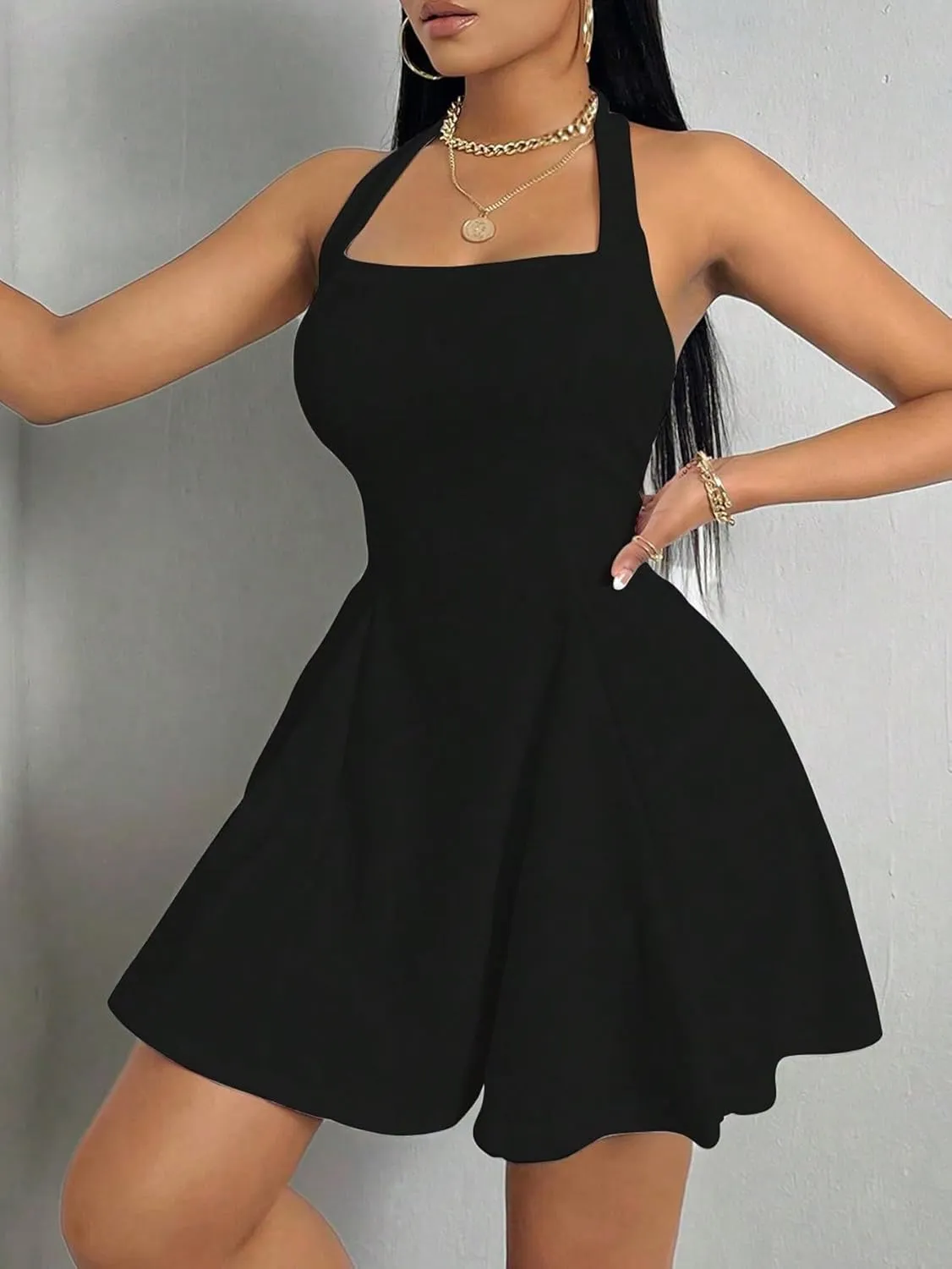 Milumia Women's Halter Mini Dress Backless A Line Flare Party Club Short Dresses