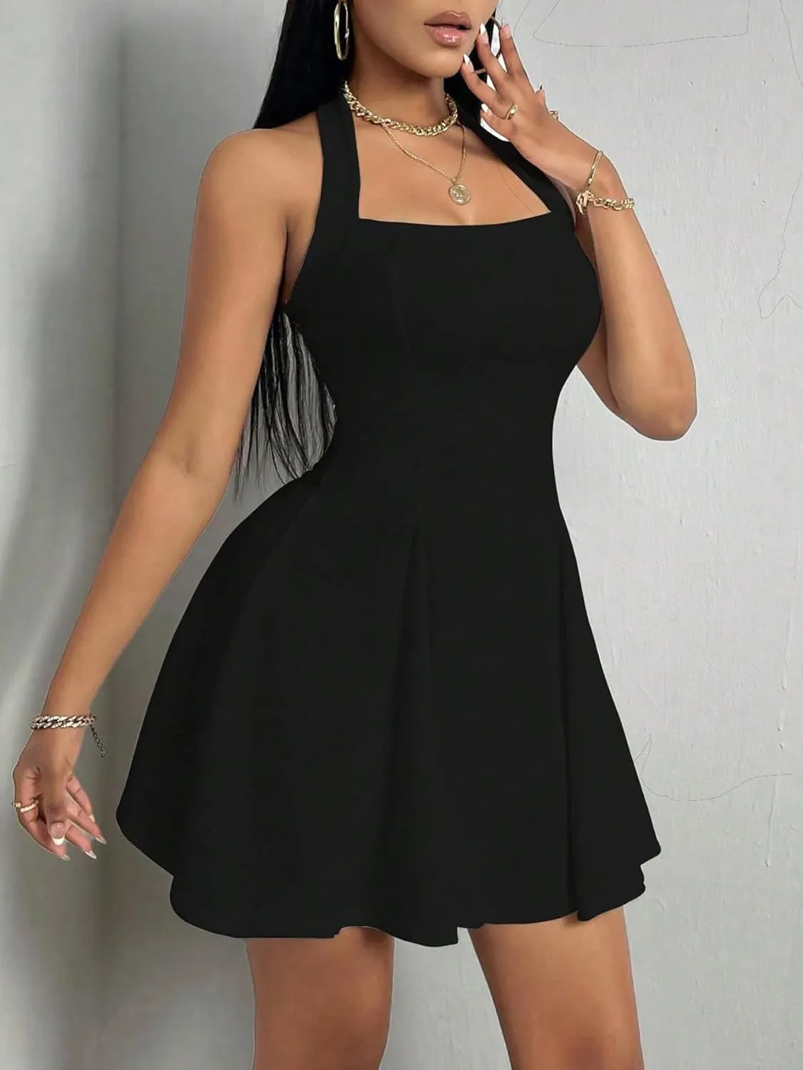 Milumia Women's Halter Mini Dress Backless A Line Flare Party Club Short Dresses
