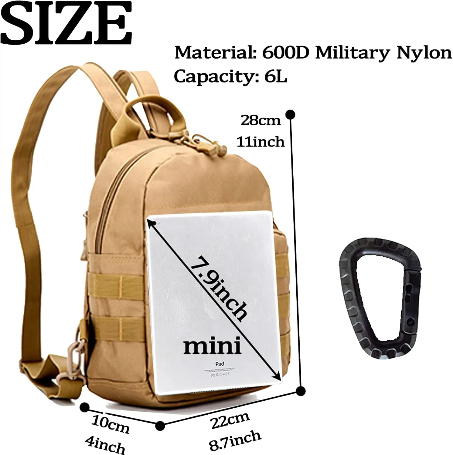 Mini Tactical Backpack, 6L Small Sling Backpacks Shoulder Bag For Running Travel Daypack with Carabiner For Men Women