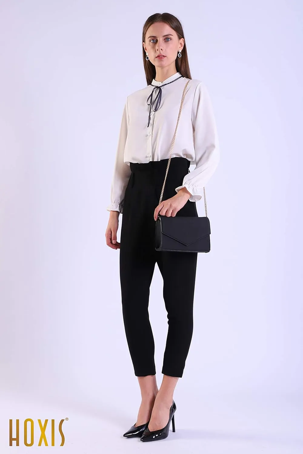 Minimalist Evening Envelope Clutch Chain Shoulder Bag Women Faux Leather Suede Purse (Black)