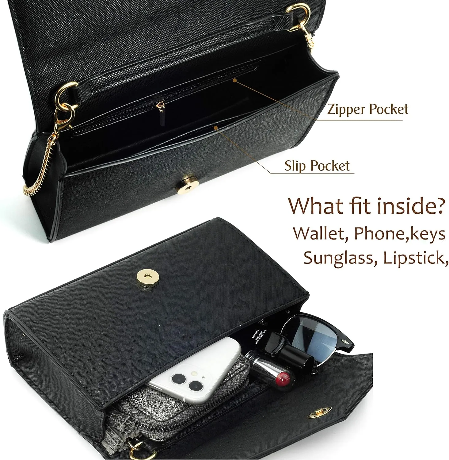 Minimalist Evening Envelope Clutch Chain Shoulder Bag Women Faux Leather Suede Purse (Black)