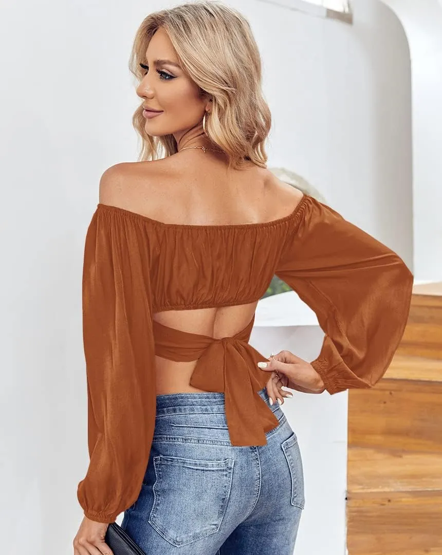 MIRACMODA Woman Off Shoulder Ruched Tie Back Crop Top Summer Lantern Sleeve Boho Shirt Blouse