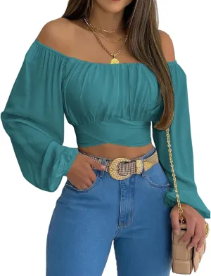 MIRACMODA Woman Off Shoulder Ruched Tie Back Crop Top Summer Lantern Sleeve Boho Shirt Blouse