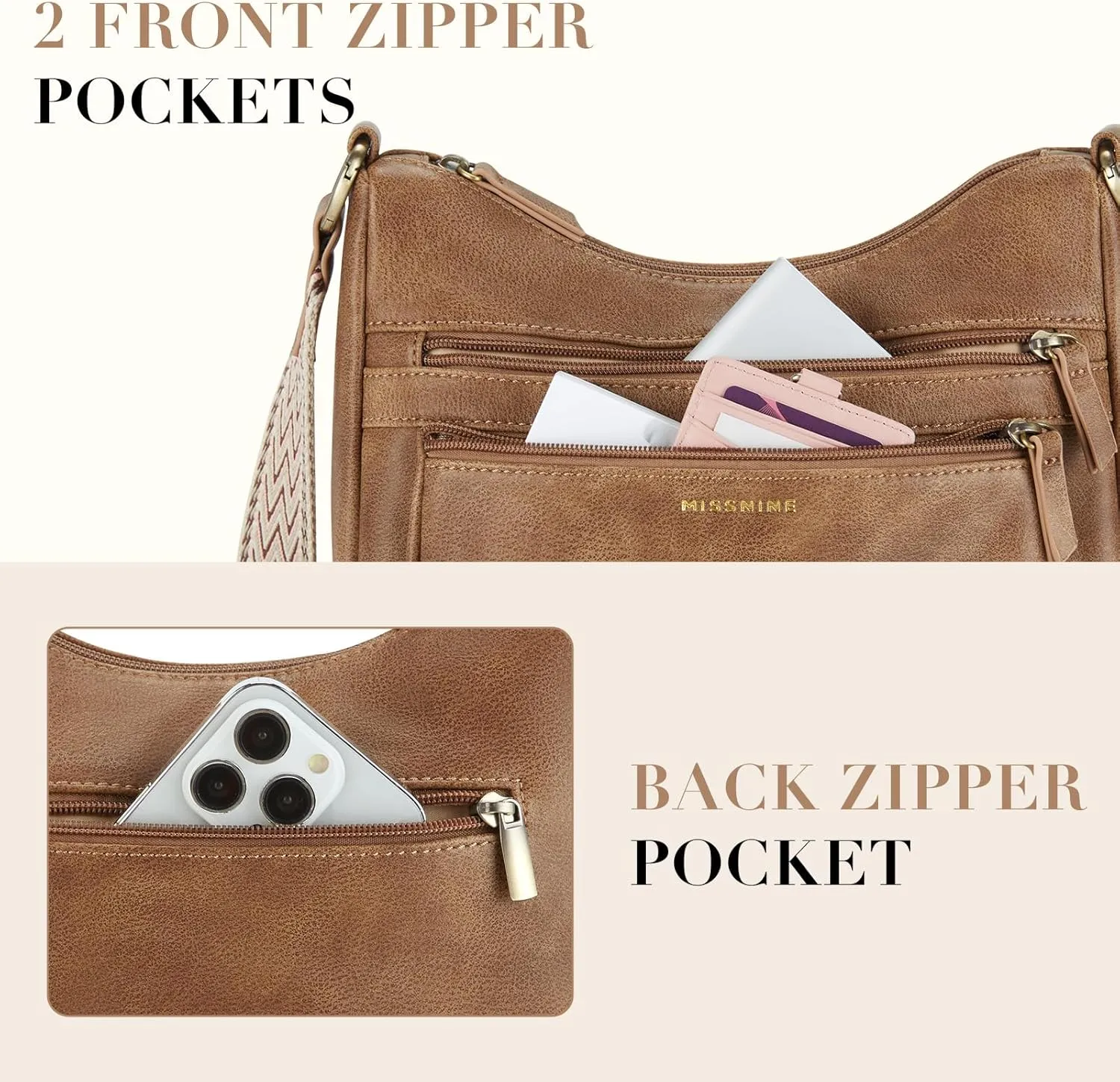 Missnine Crossbody Bags for Women, Medium Size Purses With Wide Shoulder Strap, Leather Trendy Cross Body Shoulder Handbags