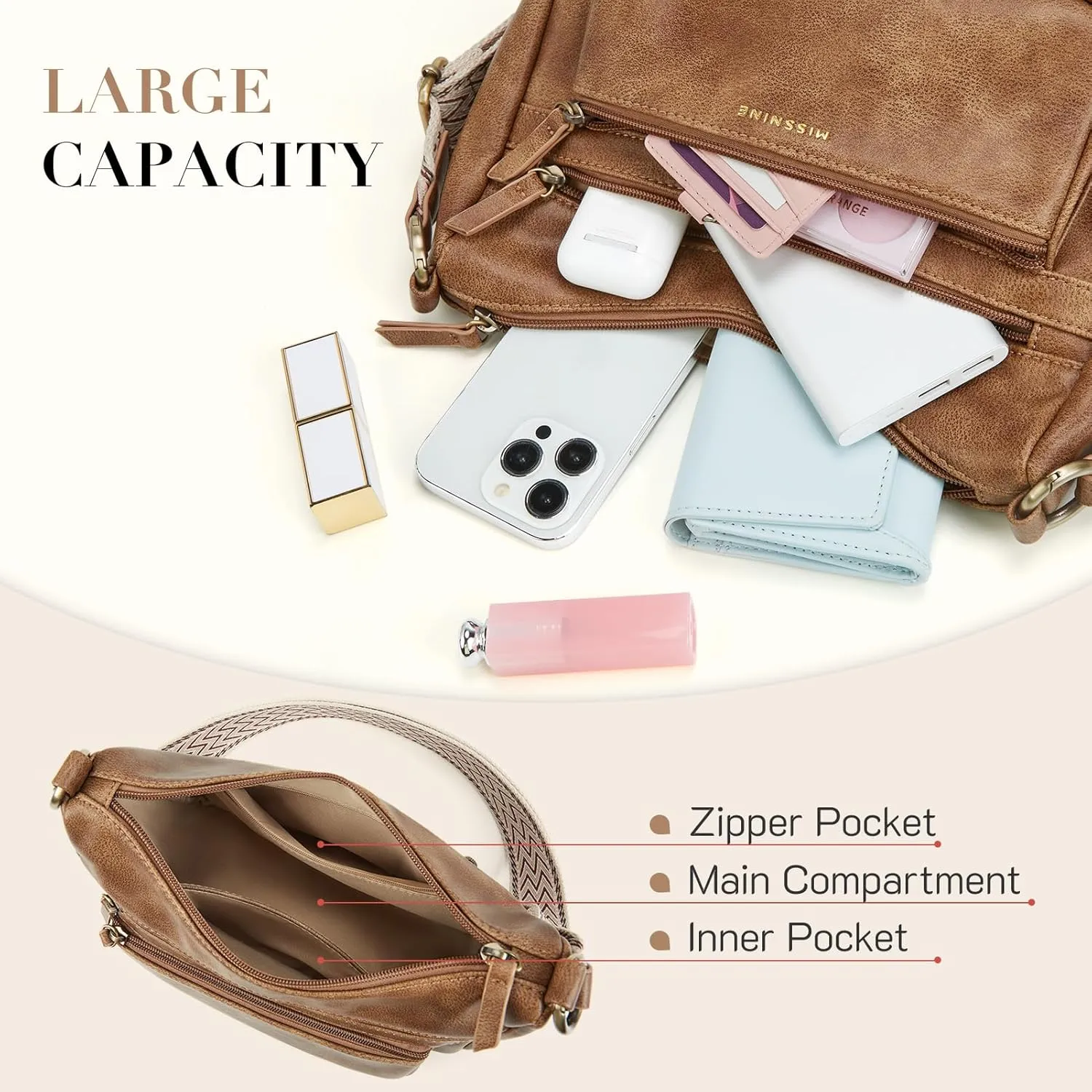 Missnine Crossbody Bags for Women, Medium Size Purses With Wide Shoulder Strap, Leather Trendy Cross Body Shoulder Handbags