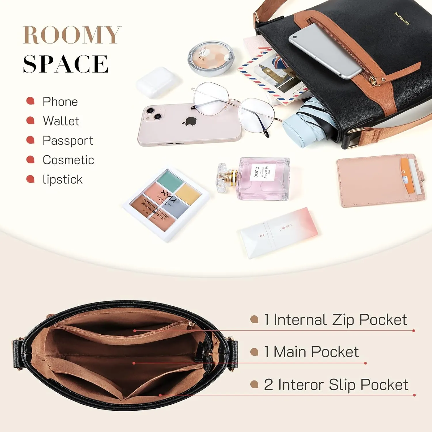 Missnine Crossbody Bags for Women Multi Pocket Purses Soft Leather Medium Shoulder Handbags with Adjustable Strap