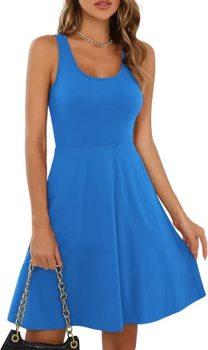 Missufe Women's Sleeveless Racerback Flared Casual Plain Tank Dress