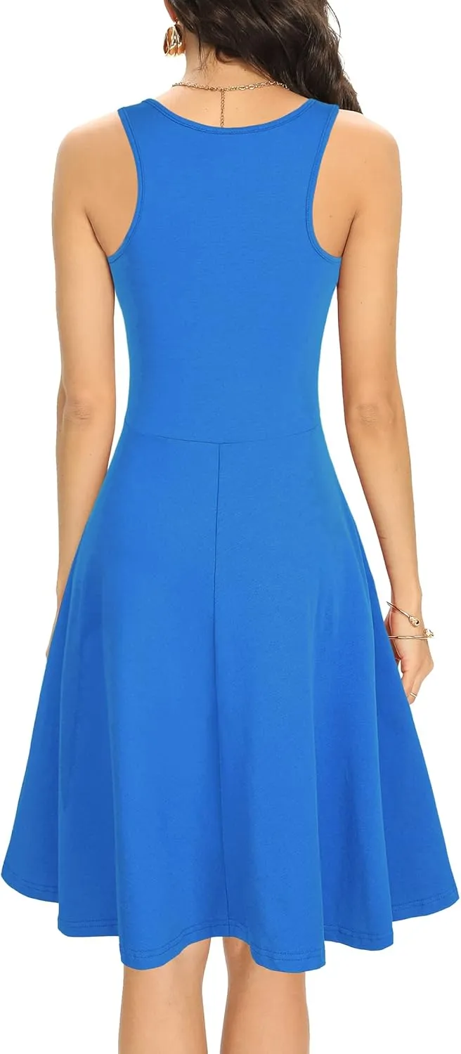 Missufe Women's Sleeveless Racerback Flared Casual Plain Tank Dress