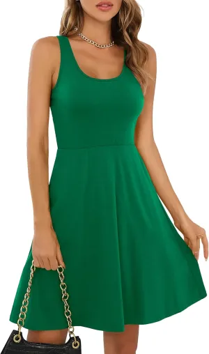 Missufe Women's Sleeveless Racerback Flared Casual Plain Tank Dress