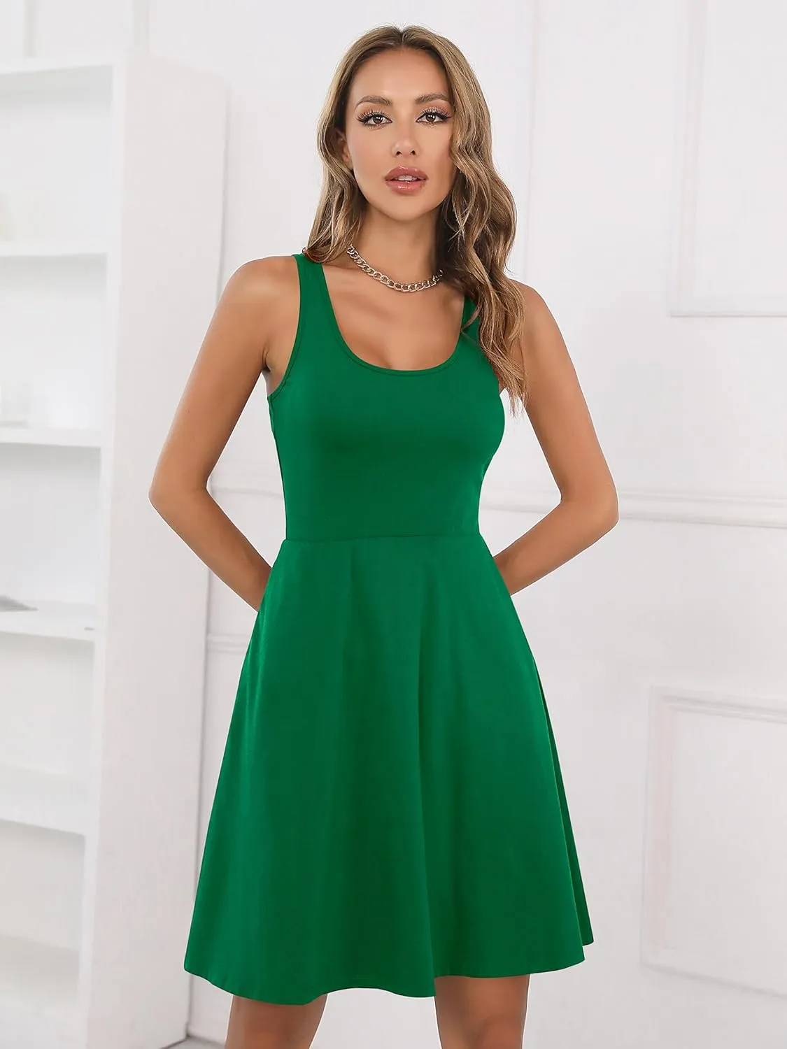 Missufe Women's Sleeveless Racerback Flared Casual Plain Tank Dress