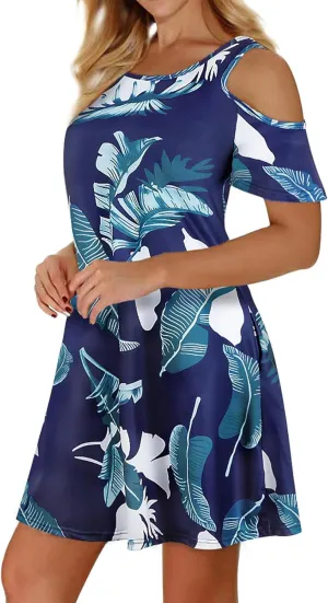 Misyula Style Womens Summer Cold Shoulder Floral Flowy T-Shirt Dress with Pockets