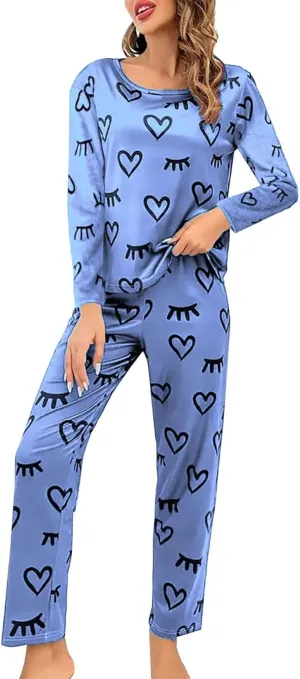 Miyaomn Crossbody Bags for Women Sexy Pajama Set for Women Women's 2 Piece Cute Heart Prints Pajamas Set Crew Neck Long Sleeve Top and Wide Leg Long Pants Soft Lounge Sleepwear(Blue,X-Large)