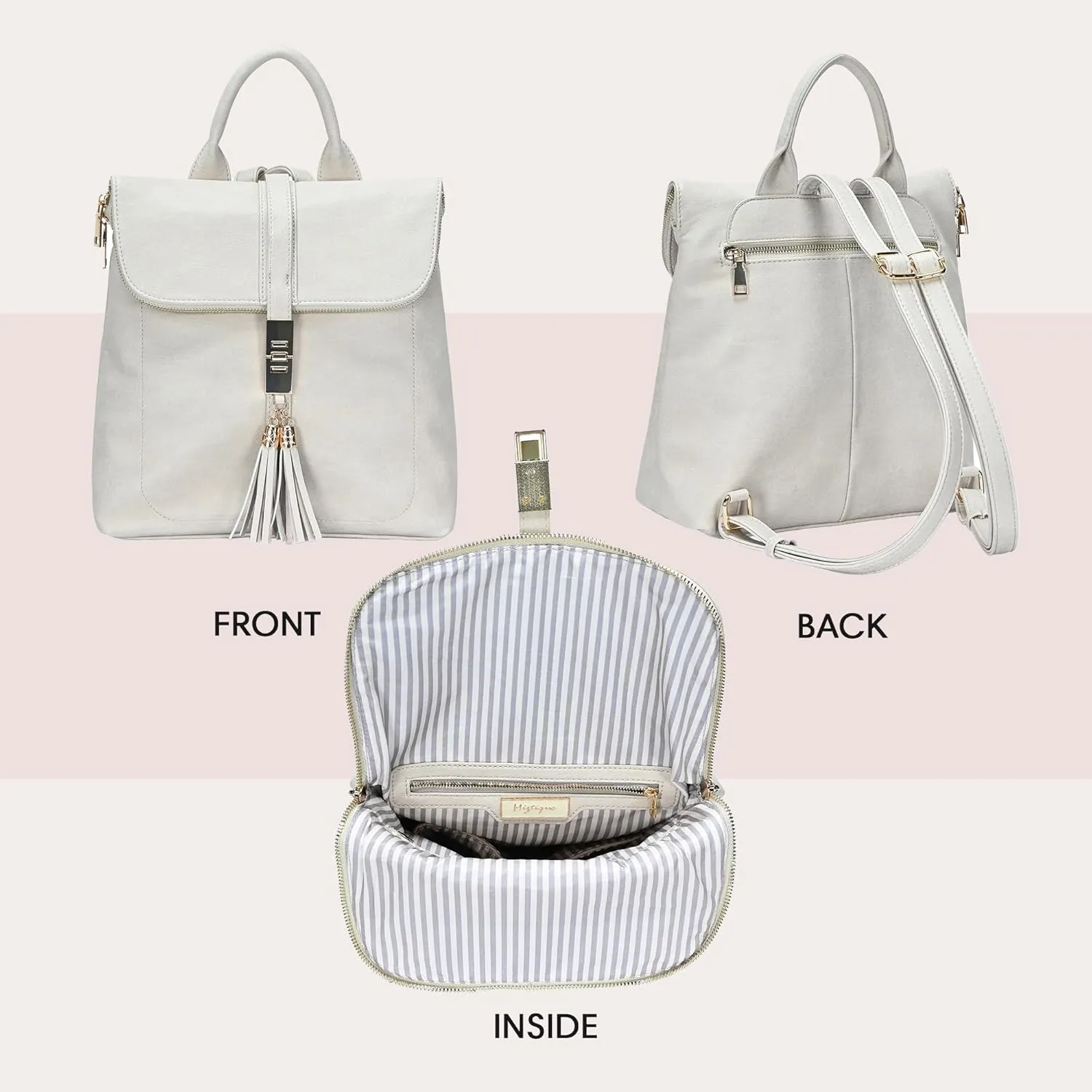 Miztique Diana Backpack Purse | Soft Vegan Leather Flap Over Tote Bag | 11L x 5.25W x 12H (Bone)