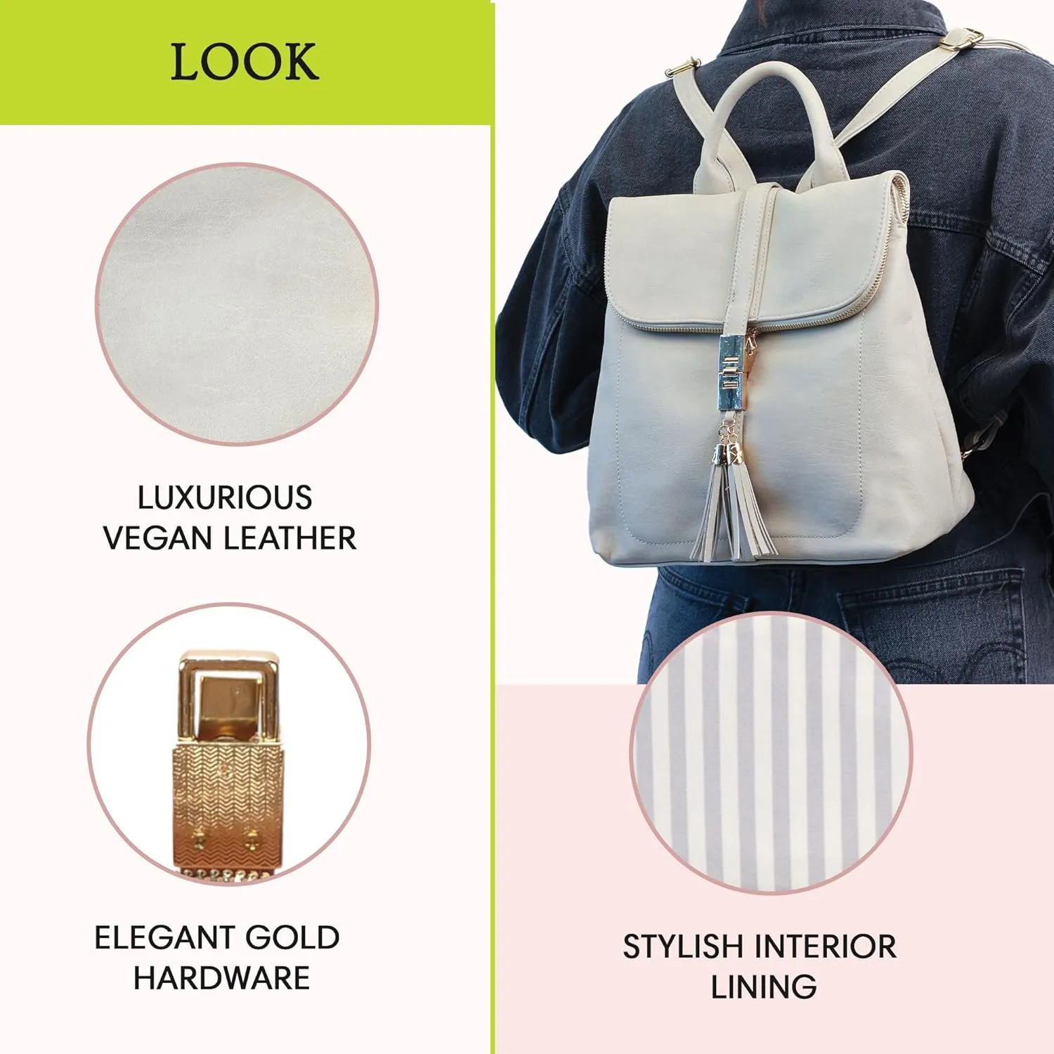 Miztique Diana Backpack Purse | Soft Vegan Leather Flap Over Tote Bag | 11L x 5.25W x 12H (Bone)