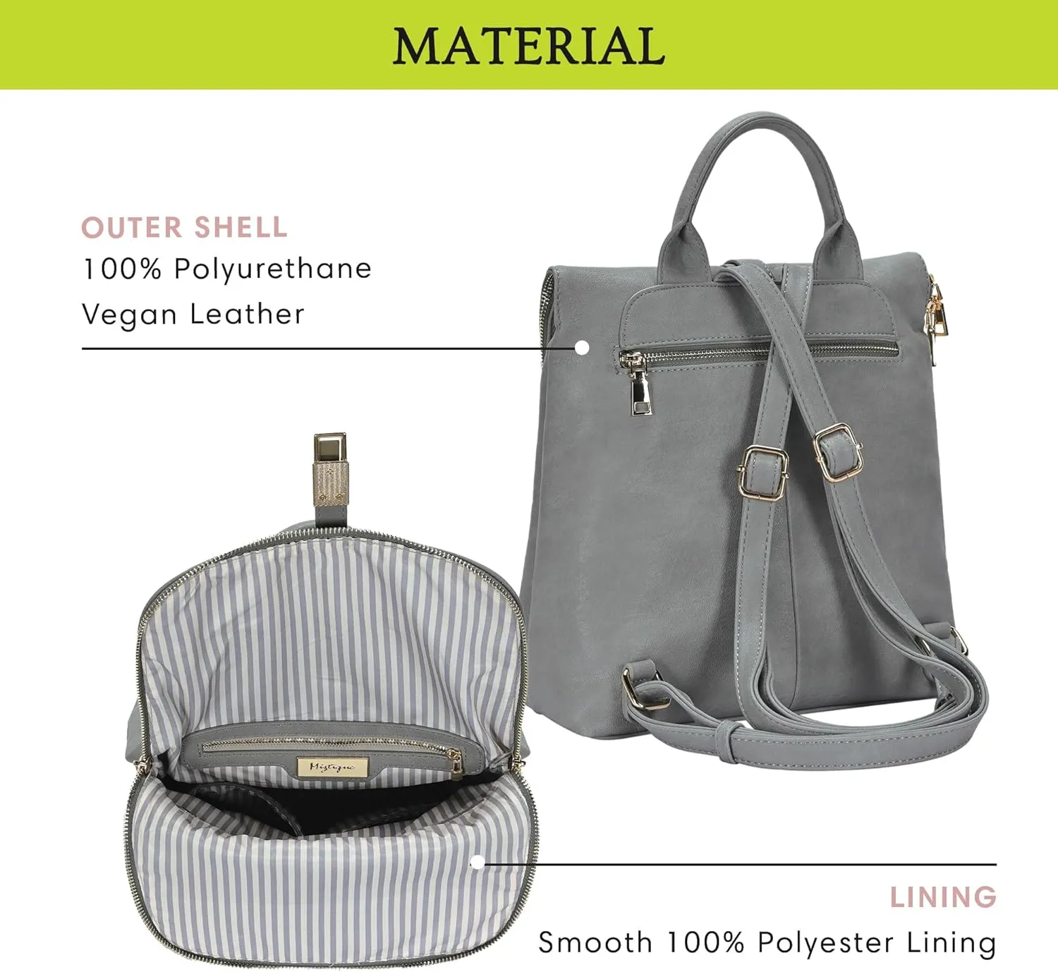 Miztique Diana Backpack Purse | Soft Vegan Leather Flap Over Tote Bag | 11L x 5.25W x 12H (Grey)