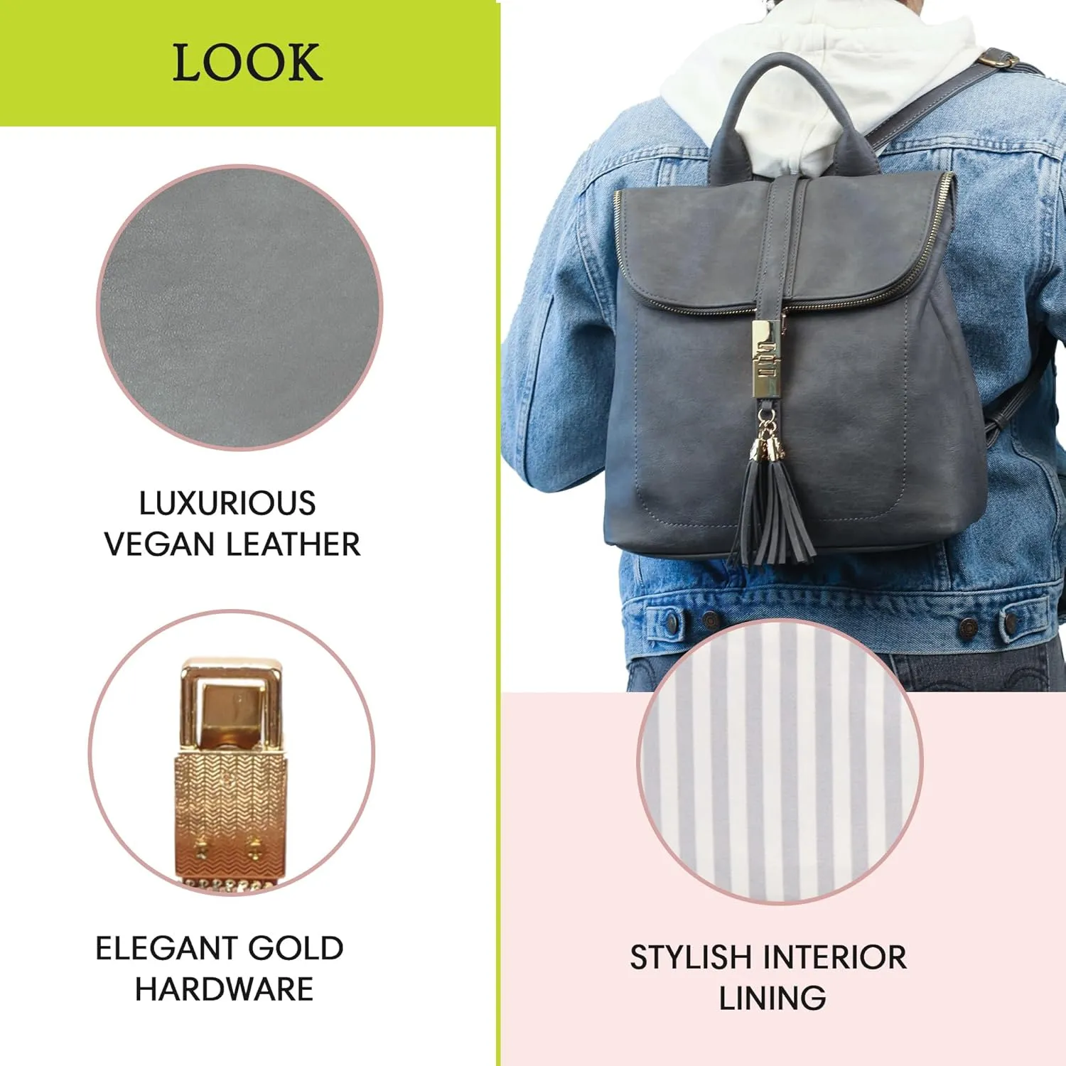 Miztique Diana Backpack Purse | Soft Vegan Leather Flap Over Tote Bag | 11L x 5.25W x 12H (Grey)