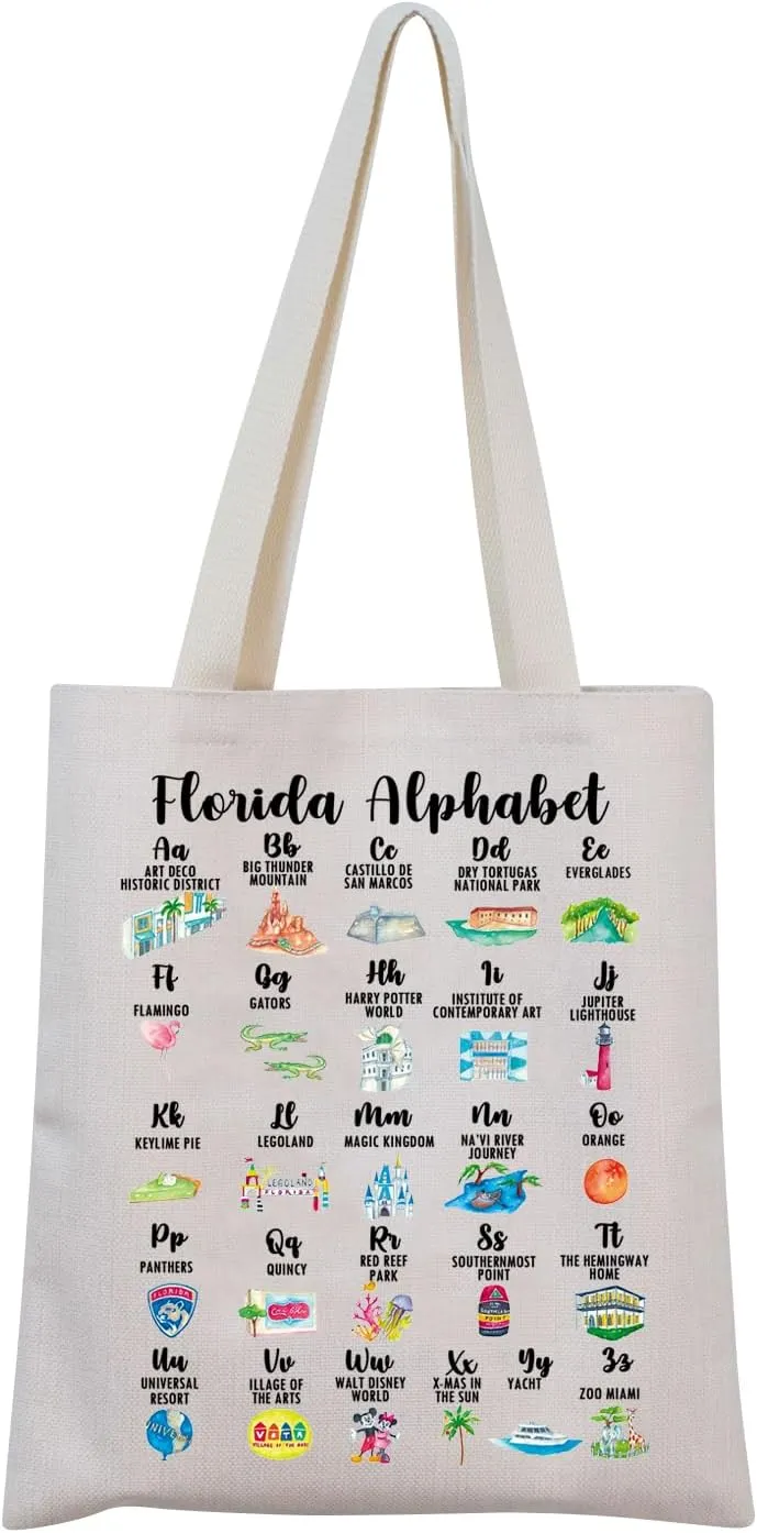 MNIGIU Florida Alphabet Tote Bag Florida State Gift Florida Tourism Bag Florida Keepsake Gift Reusable Shopping Bag