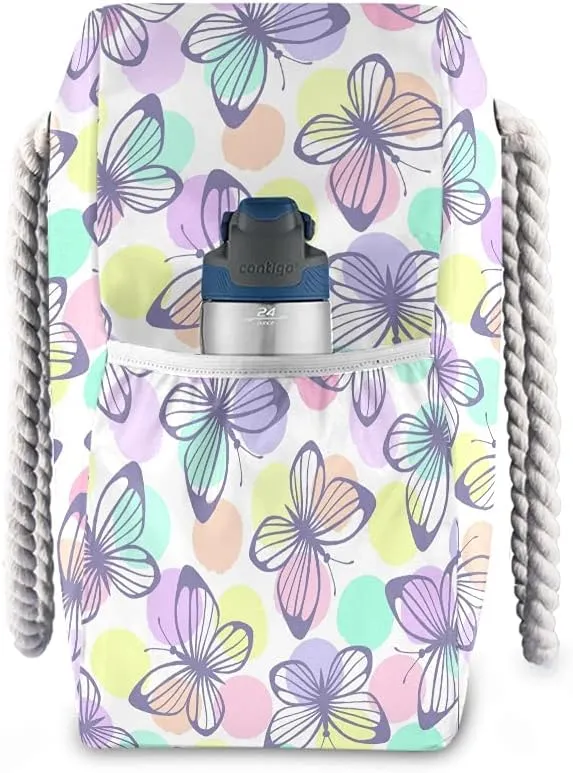 MNSRUU Large Beach Bag, Floral Cherry Blossoms And Branches Pink Tote Bag Travel Gym Bag with Waterproof Pocket Compartment