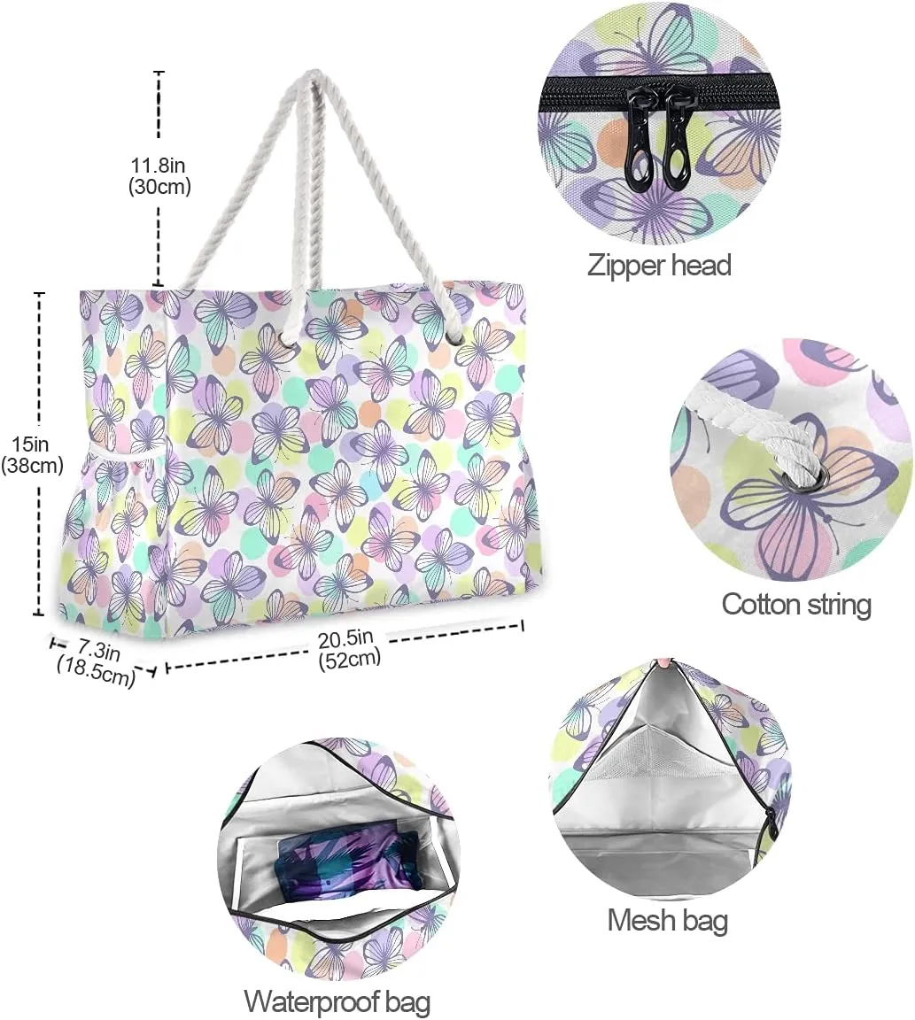MNSRUU Large Beach Bag, Floral Cherry Blossoms And Branches Pink Tote Bag Travel Gym Bag with Waterproof Pocket Compartment