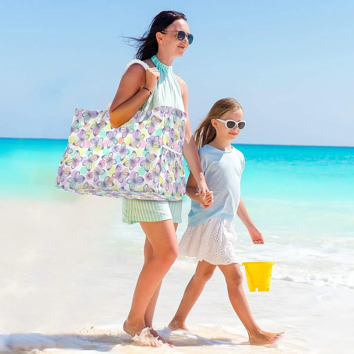 MNSRUU Large Beach Bag, Floral Cherry Blossoms And Branches Pink Tote Bag Travel Gym Bag with Waterproof Pocket Compartment