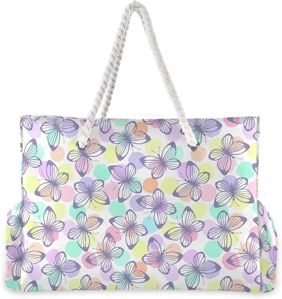 MNSRUU Large Beach Bag, Floral Cherry Blossoms And Branches Pink Tote Bag Travel Gym Bag with Waterproof Pocket Compartment
