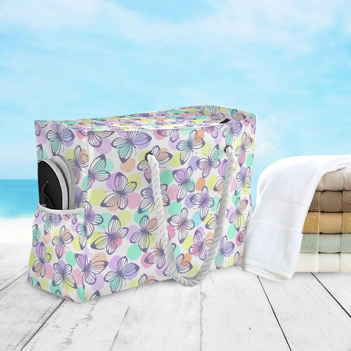 MNSRUU Large Beach Bag, Floral Cherry Blossoms And Branches Pink Tote Bag Travel Gym Bag with Waterproof Pocket Compartment