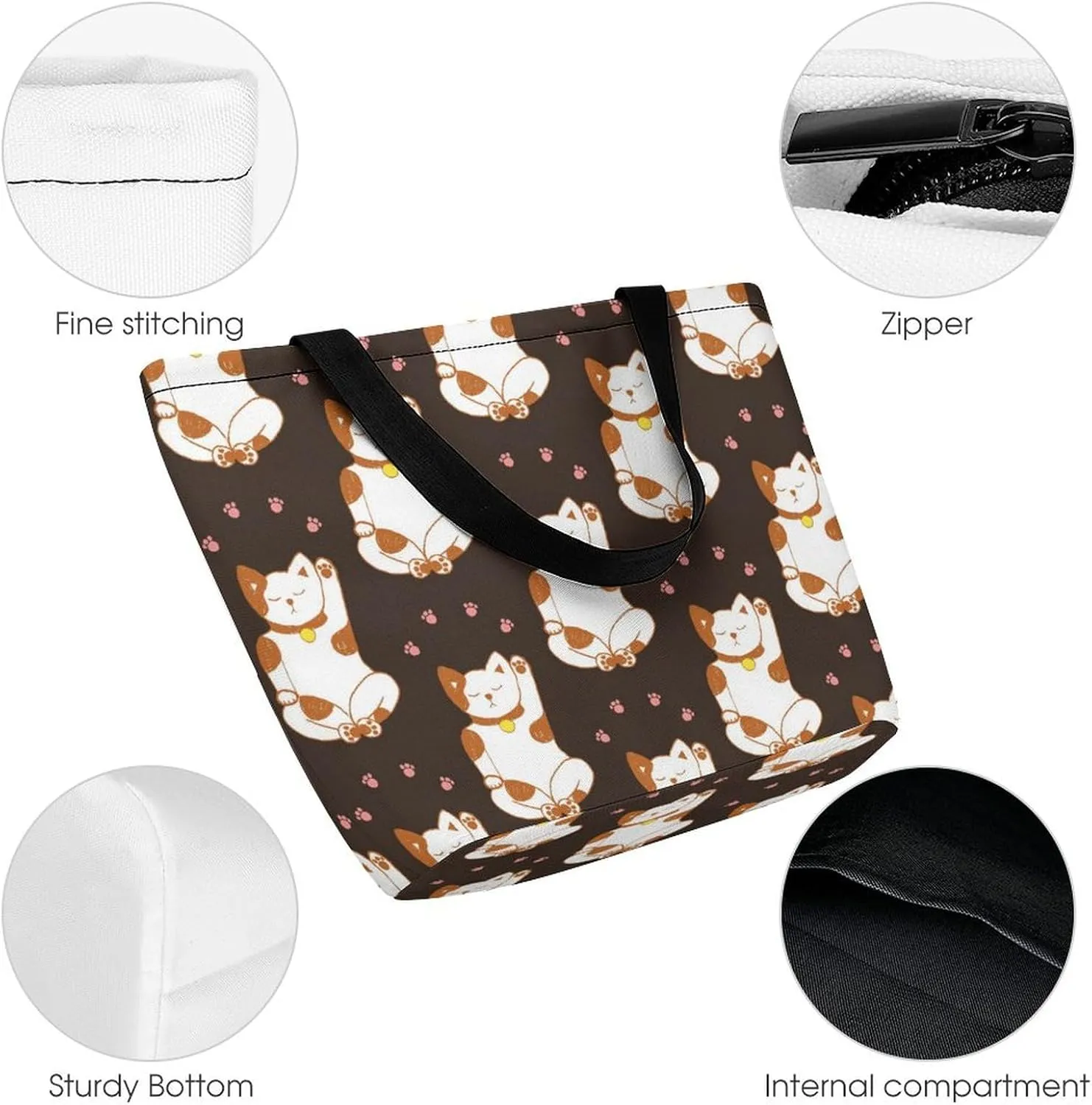 MoBlinko Japanese Fortune Cat Tote Bag for Women Reusable Handbags Shoulder Bags with Zipper for Yoga Grocery Shopping Gifts