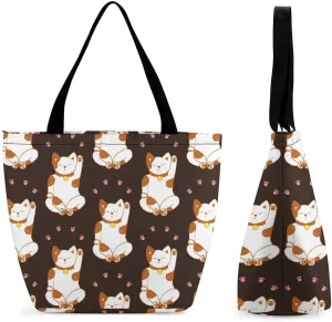 MoBlinko Japanese Fortune Cat Tote Bag for Women Reusable Handbags Shoulder Bags with Zipper for Yoga Grocery Shopping Gifts