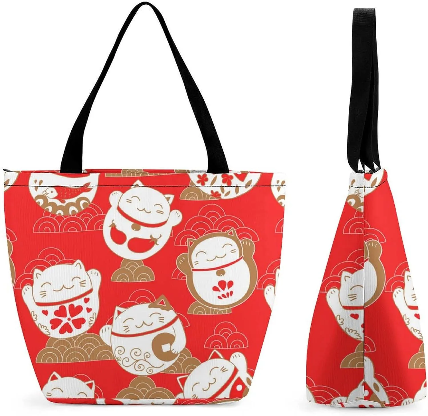 MoBlinko Japanese Fortune Cats Womens Tote Bags Reusable Yoga Shoulder Bag Handbag with Zipper for Grocery Shopping Gifts