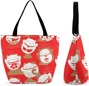 MoBlinko Japanese Fortune Cats Womens Tote Bags Reusable Yoga Shoulder Bag Handbag with Zipper for Grocery Shopping Gifts