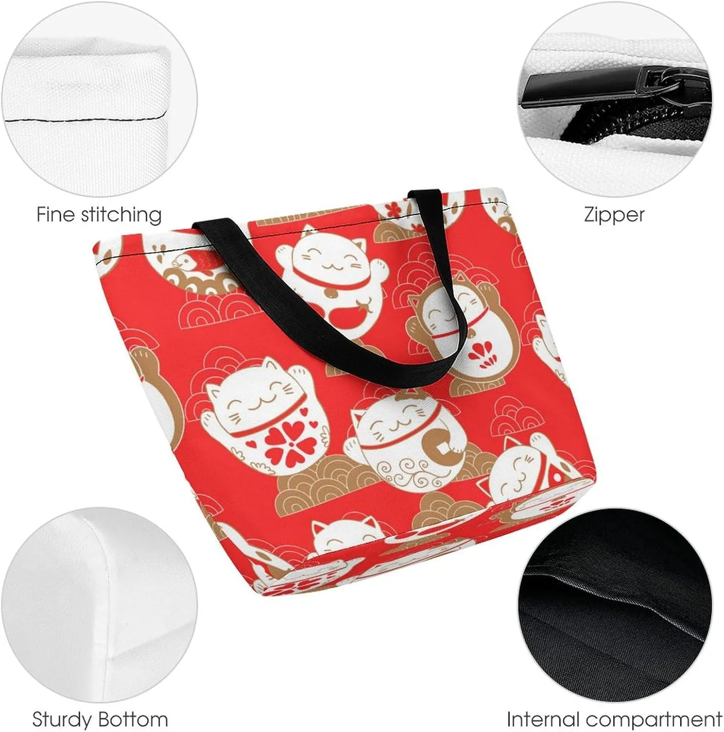 MoBlinko Japanese Fortune Cats Womens Tote Bags Reusable Yoga Shoulder Bag Handbag with Zipper for Grocery Shopping Gifts