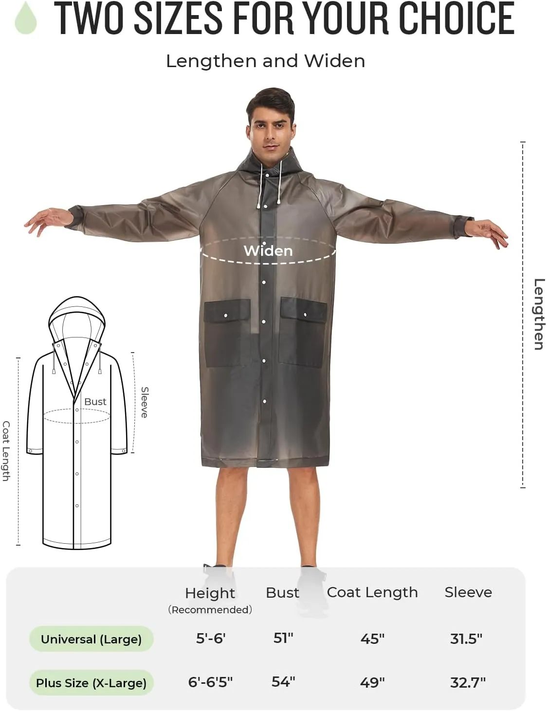 MOCOTONO Reusable Thicken EVA Rain Ponchos for Adults (1 Pack)- Extra Long Rain Jackets Raincoats for Men Women