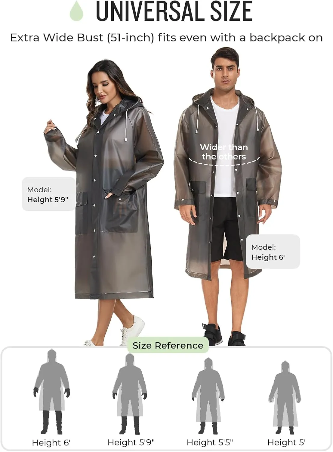 MOCOTONO Reusable Thicken EVA Rain Ponchos for Adults (1 Pack)- Extra Long Rain Jackets Raincoats for Men Women