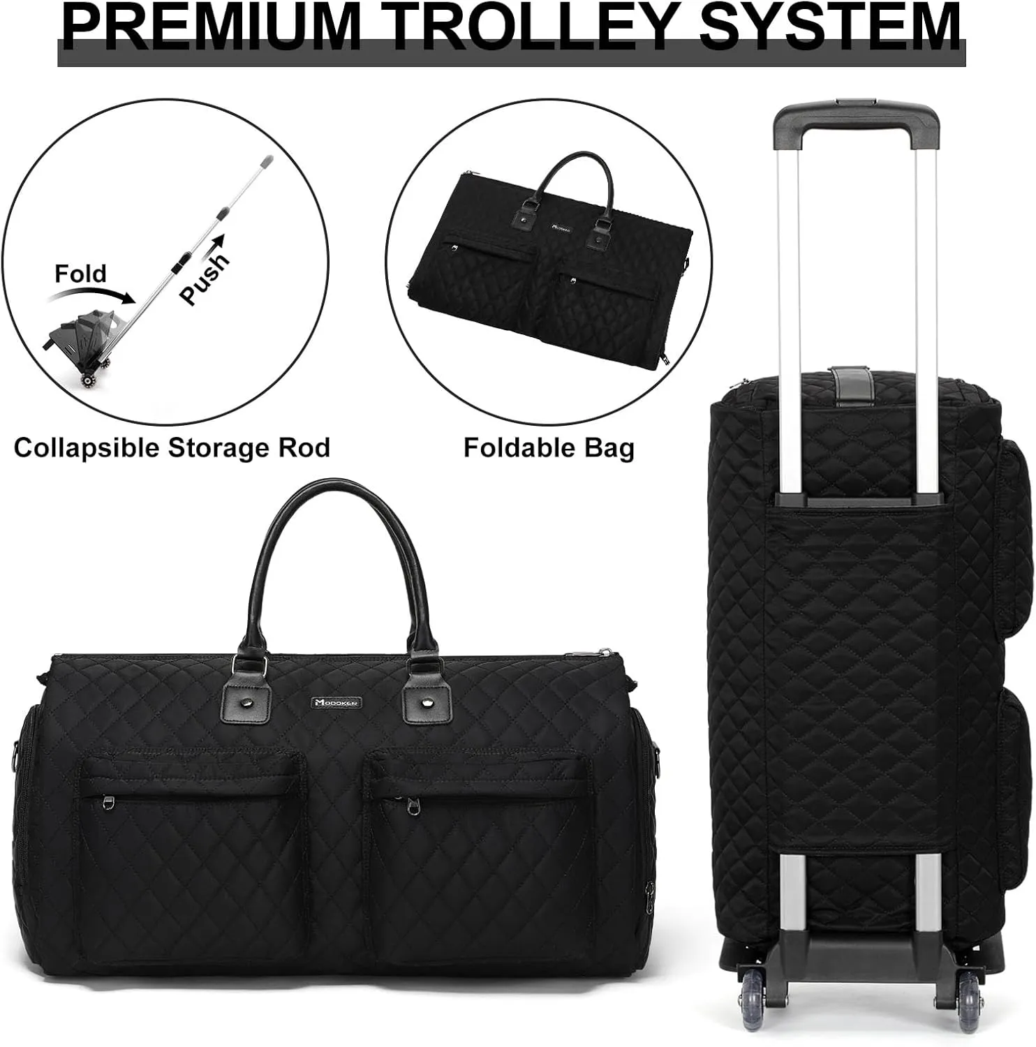 Modoker Rolling Garment Bag for Travel,Womens Convertible Garment Bags with Wheels, Luggage Suit Travel Bags,3 in 1 Carry On Wheeled Duffel Bag,Black