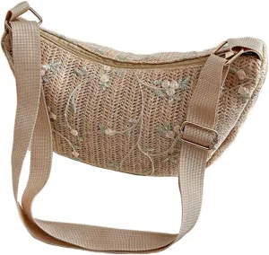 Molodo Crossbody Bag for Women Lace Flower Straw Woven Shoulder Bag Trendy Summer Lightweight Zipper Shoulder Bag