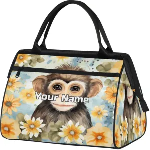 Monkey Label Flowers Travel Duffel Bag, Personalized Sports Gym Bag Custom for Women and Men Waterproof Overnight Weekender Carry On Tote Bags for Airplanes, Traveling, Gym, Football, Hospital Bag