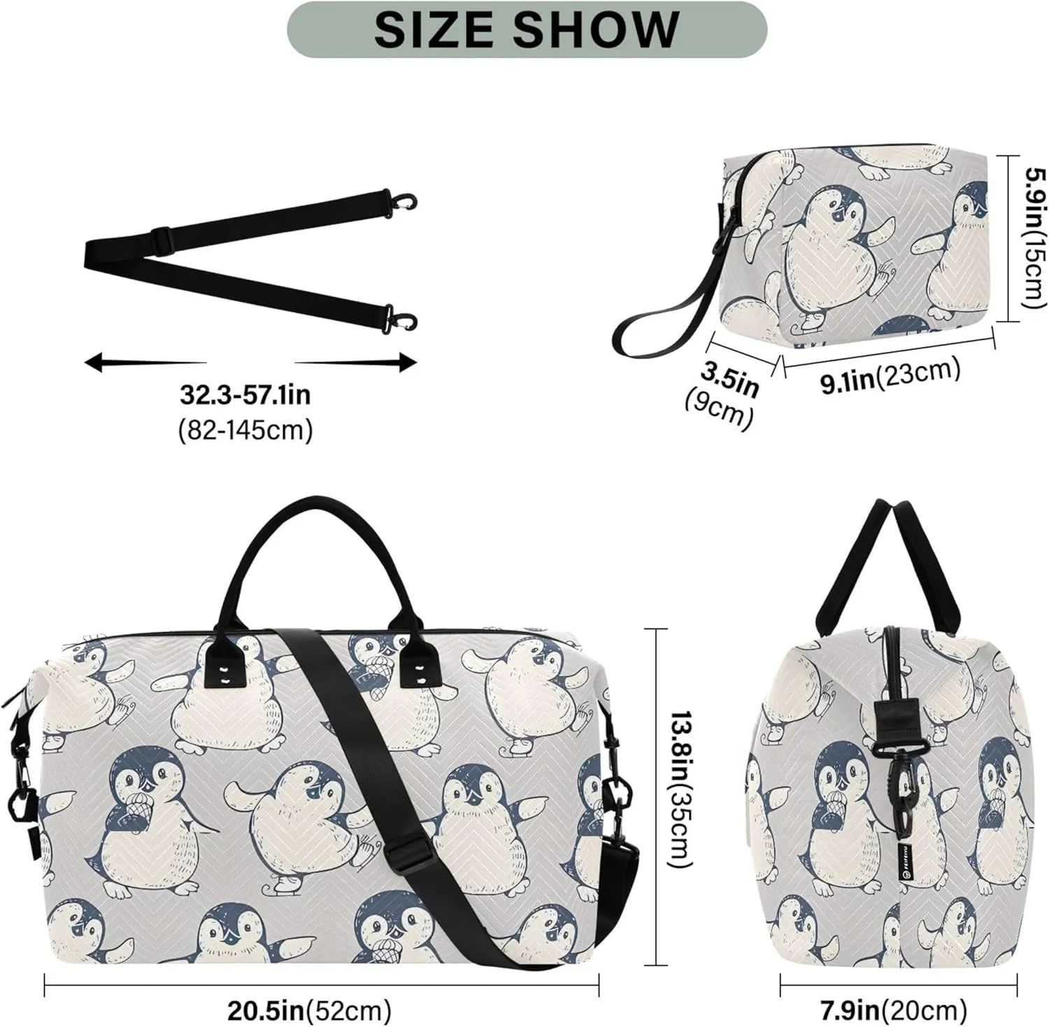 Monochrome Cute Penguins Duffle Bag Travel Toiletry Bag Set, Animal Womens Sports Duffle Bag Carry on Duffel Bag