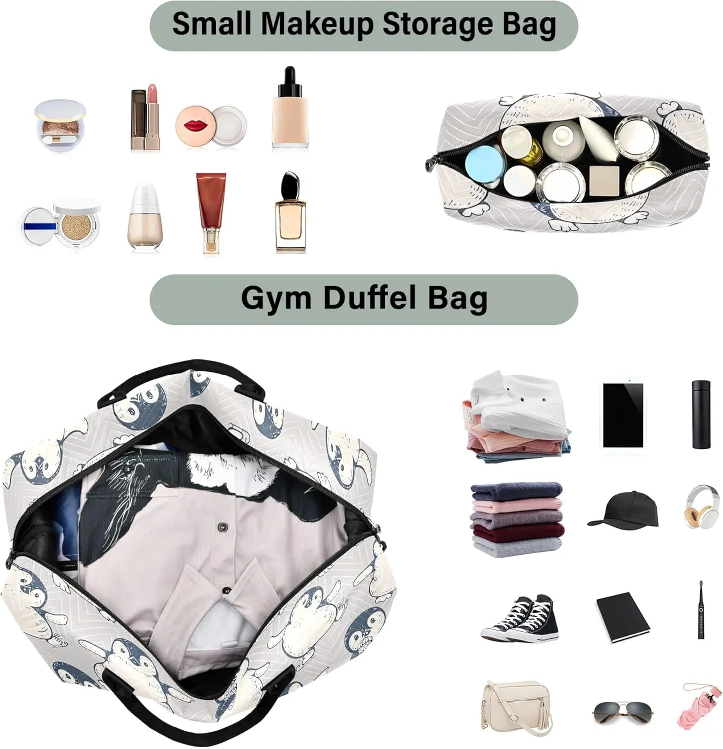 Monochrome Cute Penguins Duffle Bag Travel Toiletry Bag Set, Animal Womens Sports Duffle Bag Carry on Duffel Bag