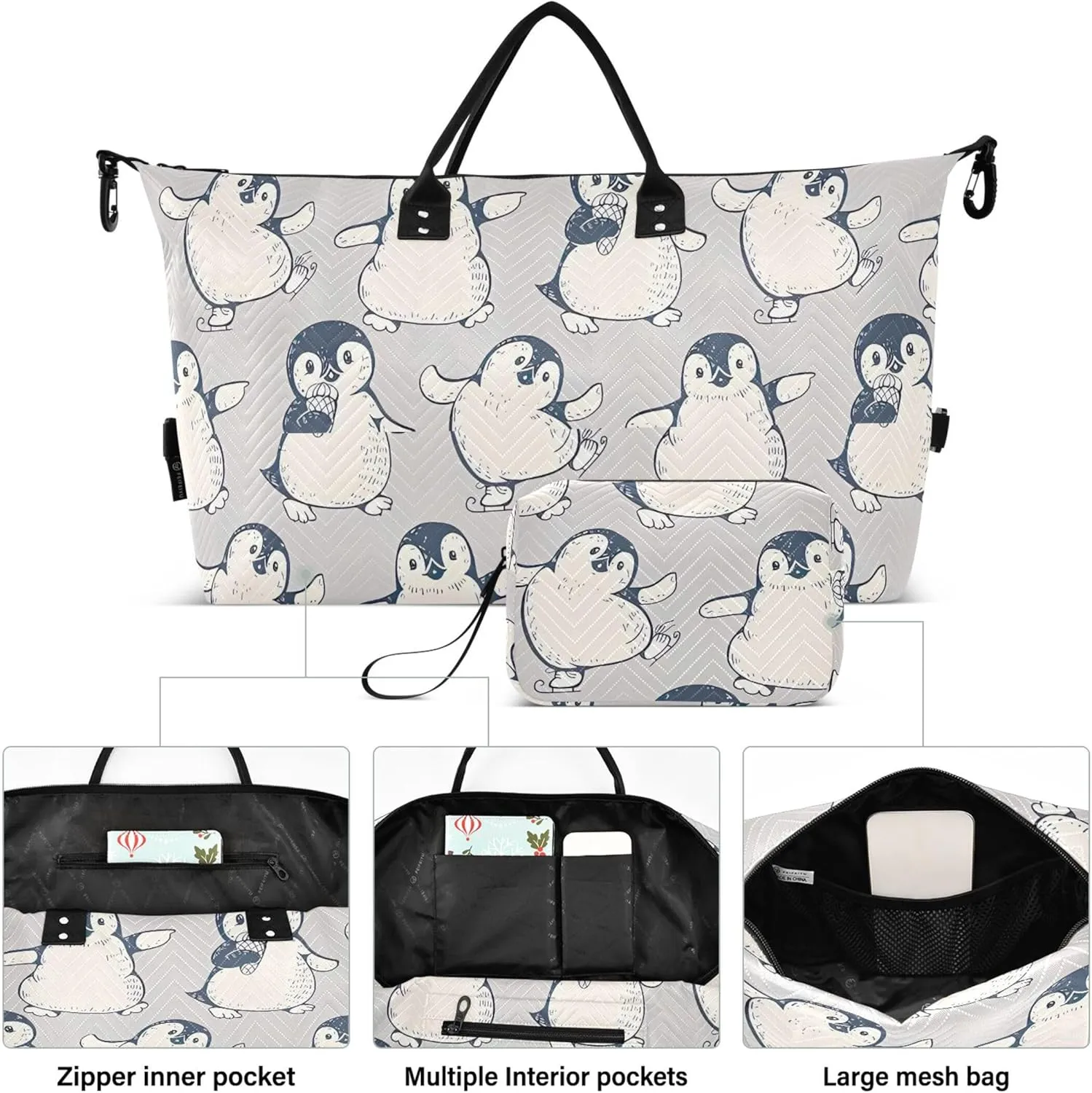 Monochrome Cute Penguins Duffle Bag Travel Toiletry Bag Set, Animal Womens Sports Duffle Bag Carry on Duffel Bag