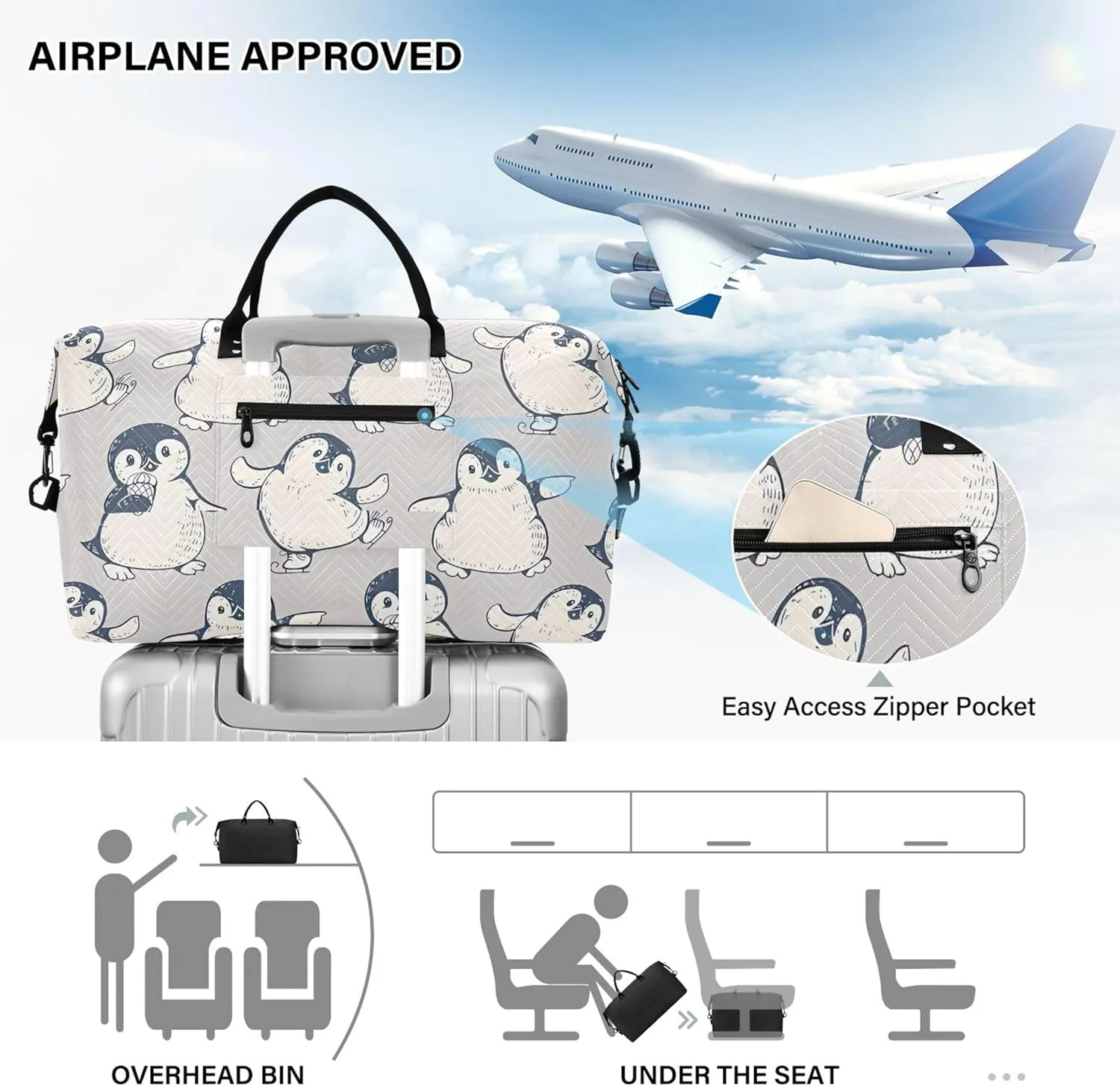 Monochrome Cute Penguins Duffle Bag Travel Toiletry Bag Set, Animal Womens Sports Duffle Bag Carry on Duffel Bag