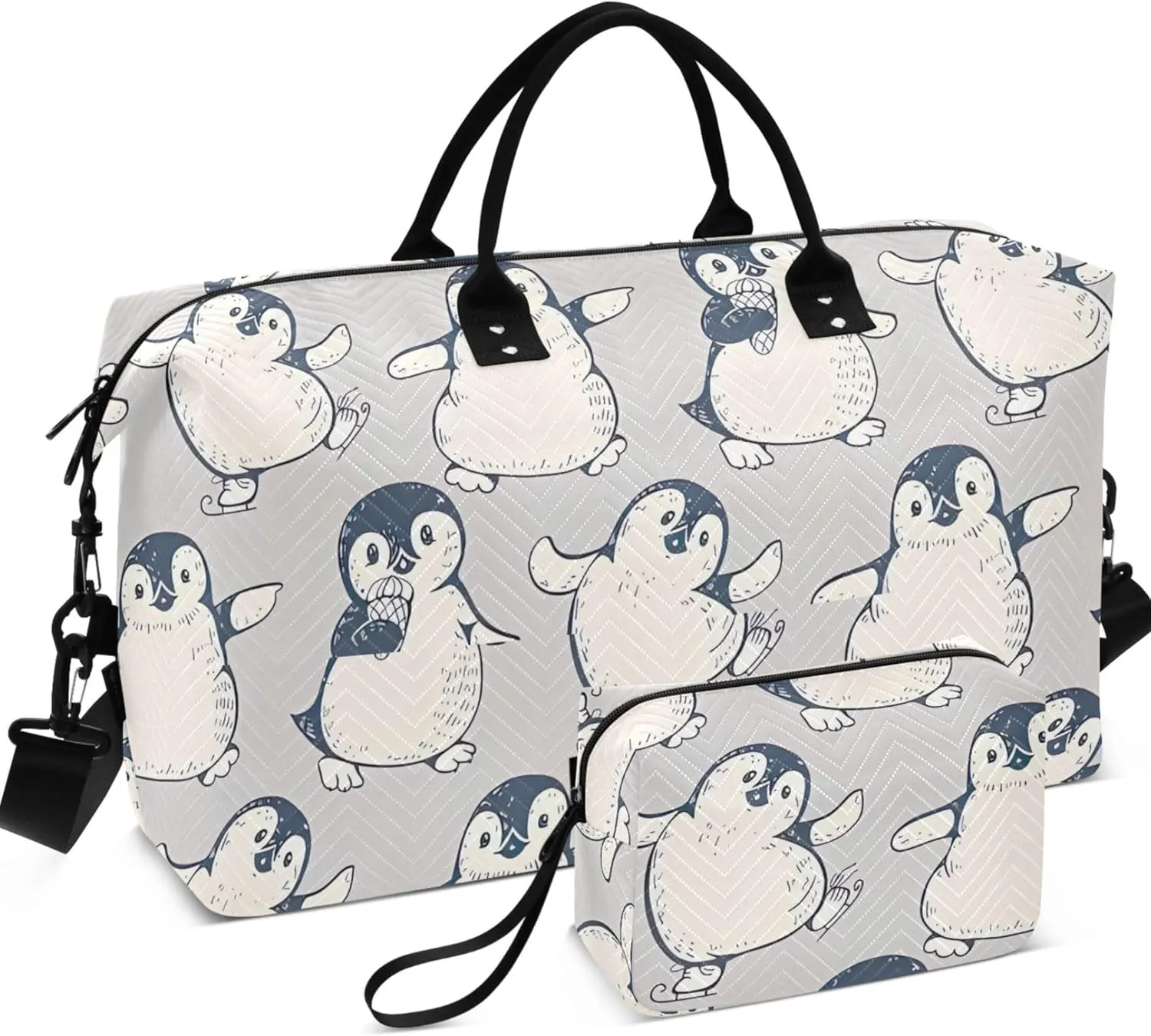 Monochrome Cute Penguins Duffle Bag Travel Toiletry Bag Set, Animal Womens Sports Duffle Bag Carry on Duffel Bag