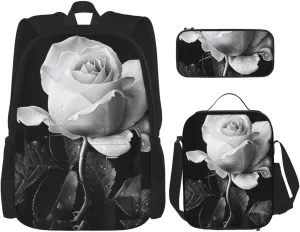Monochrome Rose Printed Backpack Set of 3 - Laptop Book Bag with Insulated Lunch Bag and Pencil Case for School Travel Work, Black, One Size, black, Einheitsgröße